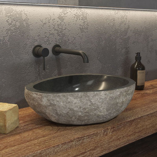 New Line Stone Mirror Lavabo 45x40 ovale Da Appoggio In pietra grigia e Marmo Nero