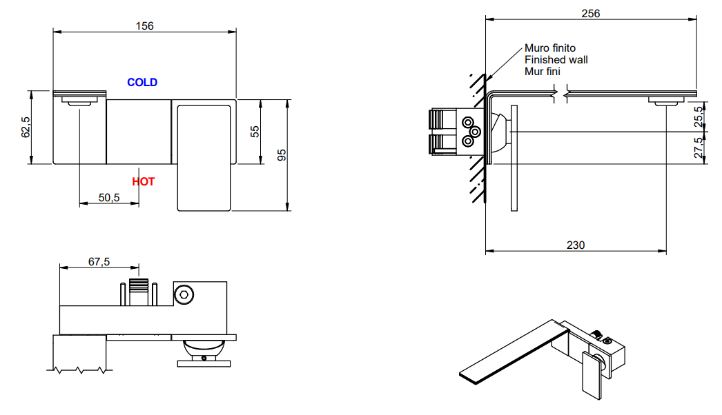 Treemme 5mm miscelatore lavabo 230 a muro senza parte Acciaio, vista laterale del profilo e della forma - Rubinetterie...