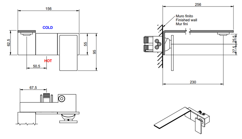 Treemme 5mm miscelatore lavabo 230 a muro senza parte Acciaio, vista laterale del profilo e della forma - Rubinetterie...