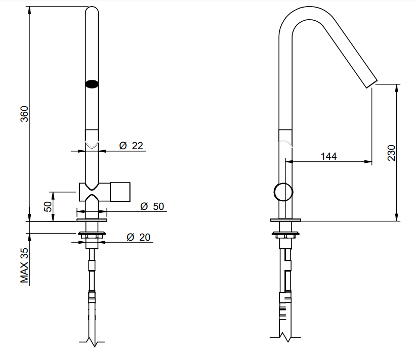 Disegno tecnico con quote di Treemme 22mm IT1134IS2HZZ miscelatore lavello cucina inox Acciaio - Rubinetterie Treemme