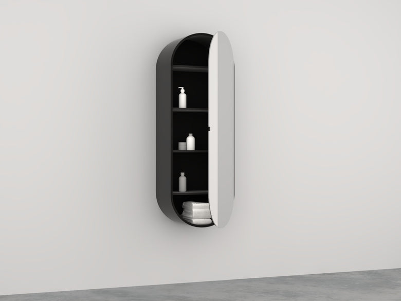 Cielo Arcadia Elio Specchio 50x145 Con Contenitore Nero Opaco con lavabo e rubinetteria, vista frontale su sfondo neutro
