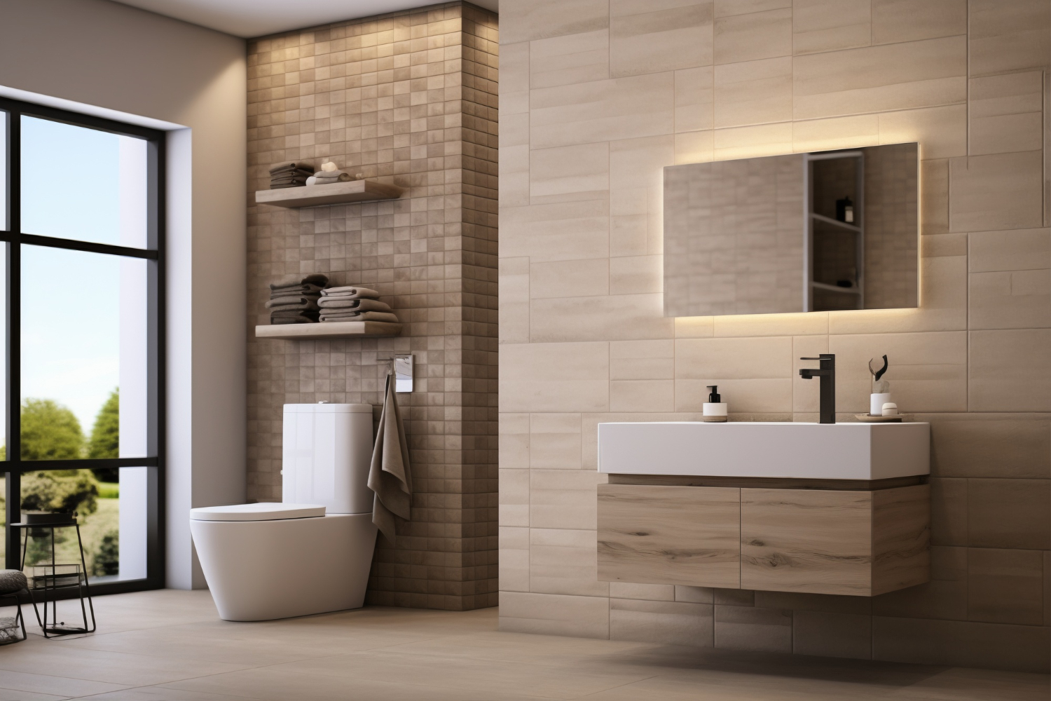 Bagno luminoso con mobile lavabo sospeso, specchio retroilluminato e rivestimenti beige